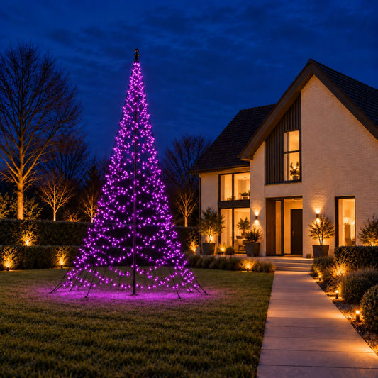 Purple lit Fairybell Pro 7 metre next to a modern house at dusk