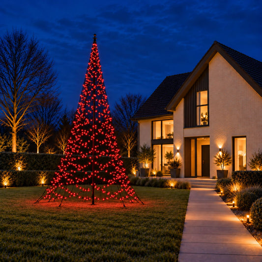 Fairybell Pro 7 metre glowing red in the front garden of a modern house at night
