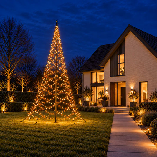 Fairybell Pro 7 metre lit in warm white on the lawn in front of a modern house