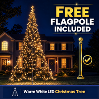 Warm white LED Christmas tree on a pole before a house with the text free flagpole included