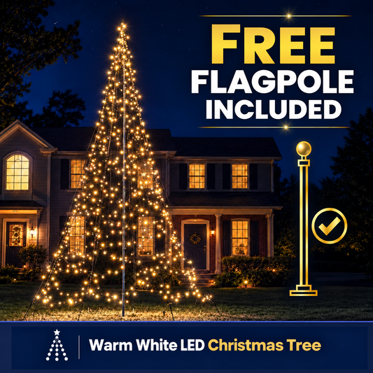 Warm white LED Christmas tree on a pole before a house with the text free flagpole included
