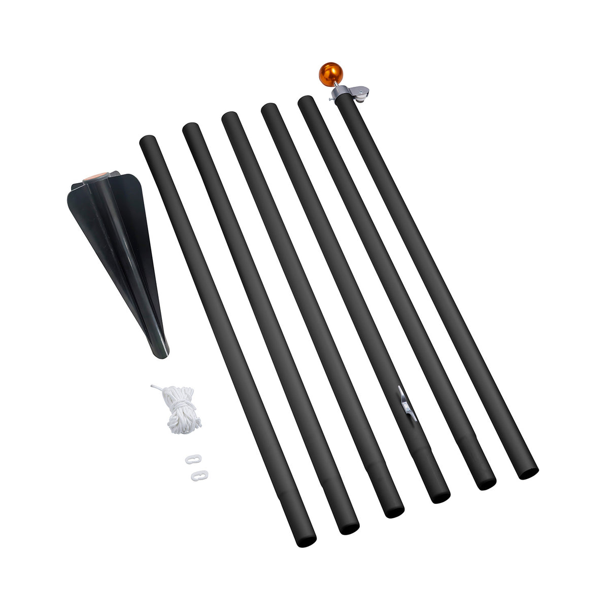 Fairybell sectional flagpole of 6 metres laid out as six black sections with ground spike and rope