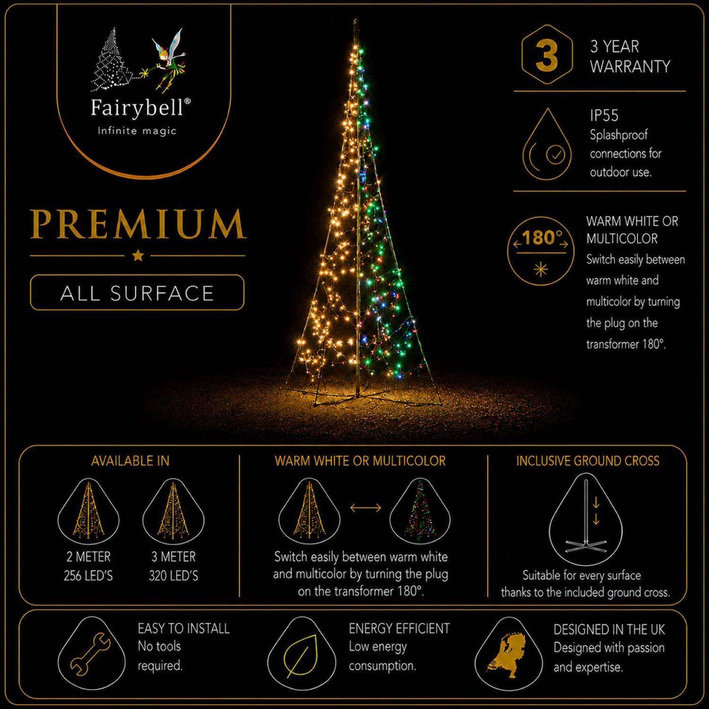 Fairybell Premium | 2 metre | 256 LED lights | Including pole | Luminous Switch | All Surface