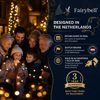 Family by Christmas lights next to Fairybell brand facts: designed in the Netherlands, 3-year warranty