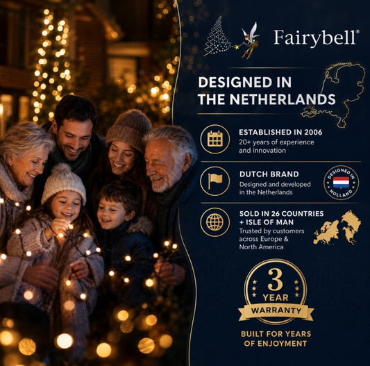 Family by Christmas lights next to Fairybell brand facts: designed in the Netherlands, 3-year warranty