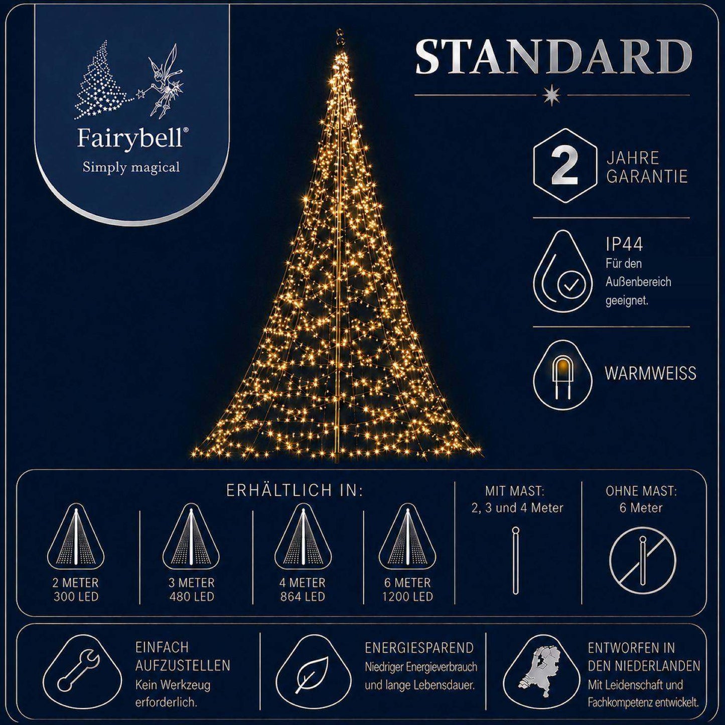 Fairybell Standard | 2 metres | 300 LED lights | Includes pole | Warm white |