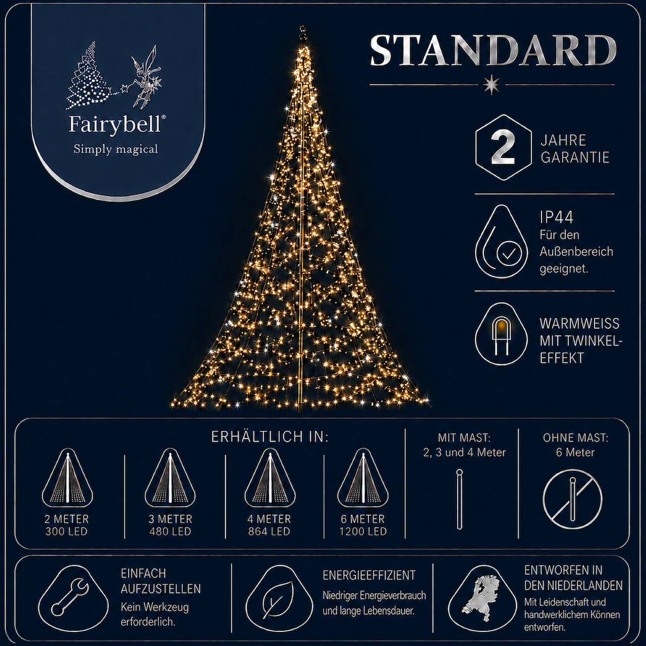 Fairybell Stand-alone Tree | 2 Metre | 300 LED lights | Incl. mast | Warm white | Twinkle