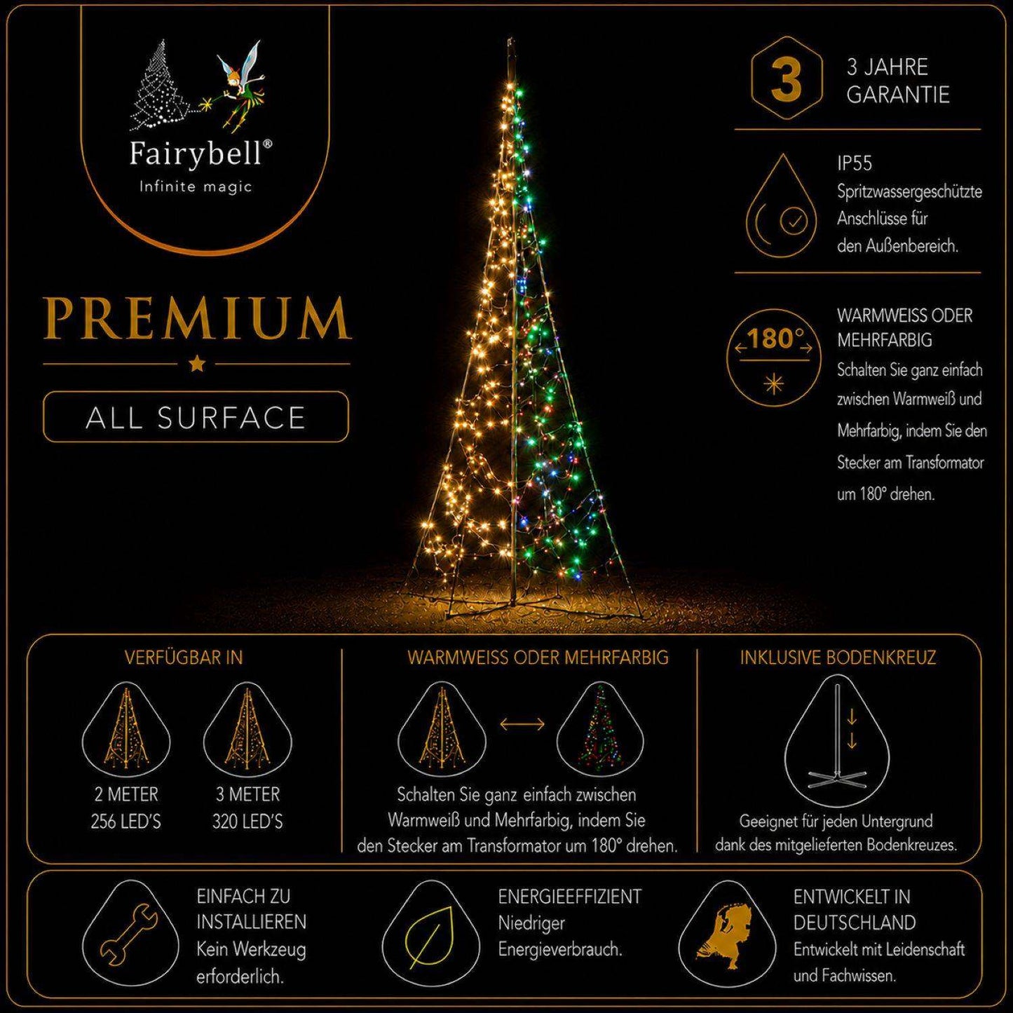 Fairybell Premium | 2 metre | 256 LED lights | Including pole | Luminous Switch | All Surface