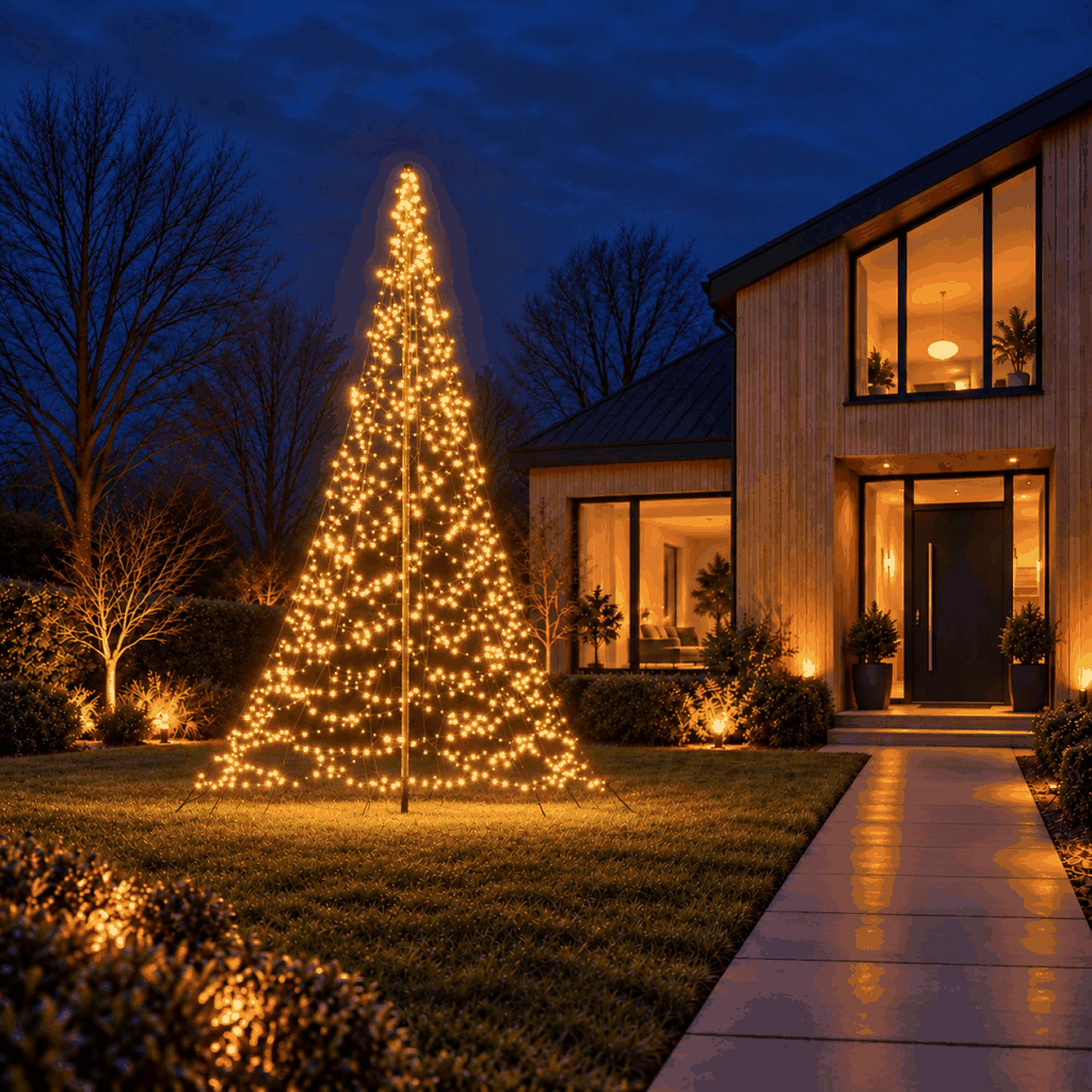 Animation of the Fairybell Premium 4 metre 1536 LED switching from warm white to multicolour in a front garden