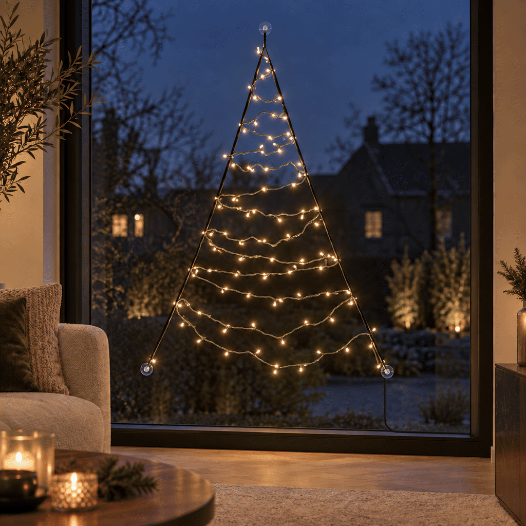 Fairybell Premium Window Tree 1.25 metre in warm white on a large window, seen from a living room in the evening