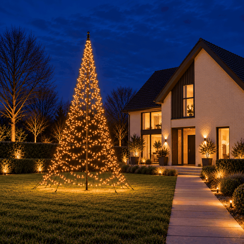 Fairybell Pro 7 metre Smart Magic cycling through colours outside a modern house in the evening
